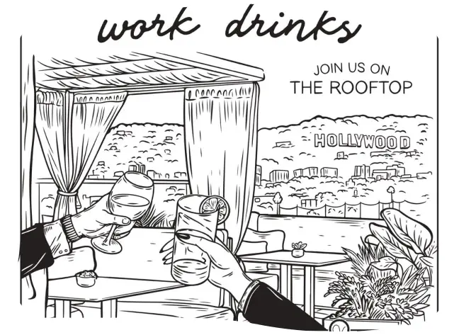 Black and white illustration depicting two people toasting with drinks in a rooftop setting overlooking the Hollywood sign.